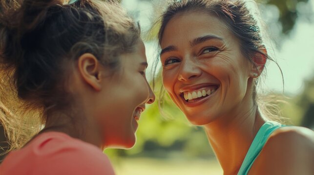 Two joyful women laughing together outdoors in summer