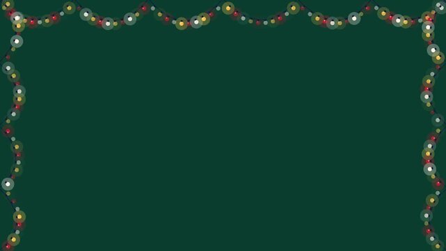 Flat 2D vector animation of a hanging string of round fairy lights draped along the top and side edges forming a frame. Features gently swaying wires and twinkling gold, red, and cream bulbs on a deep