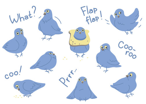 Funny Blue Pigeon Character Set with Different Poses and Expressions. Quirky pigeon stickers set funny cartoon bird character poses vector collection