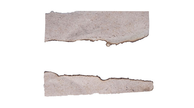 Two torn and burnt pieces of old paper isolated on white background, showing damaged edges and texture for creative design use