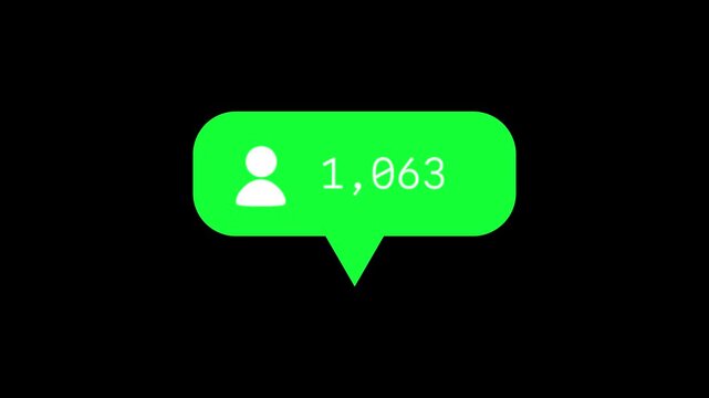 Green social media notification icons rising up with follower count and engagement, digital network community interaction like share comment, online feedback reaction progress