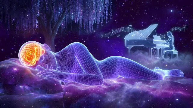 Sleeping blue wireframe human on nebula bed with glowing orange brain, pianist playing grand piano on cloud under weeping willow, lullaby sleep music concept