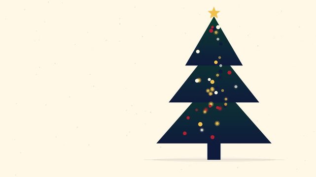 Flat 2D vector animation of a stylized geometric pine tree on a cream background, featuring blinking ornaments and gently falling snow, with generous copy space on the left.