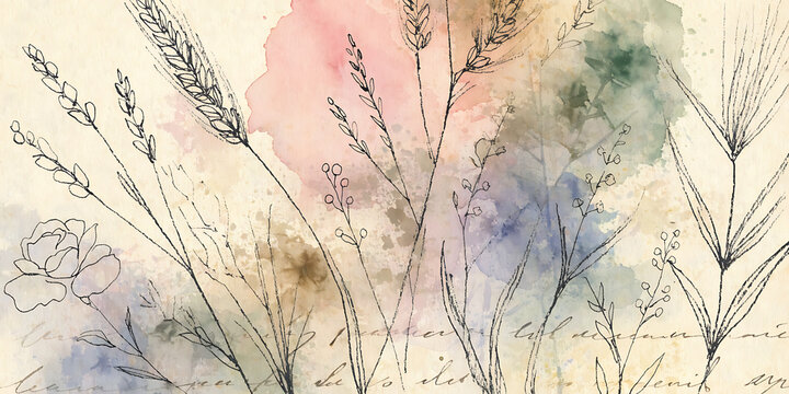 Watercolor illustration featuring pastel botanicals, grasses, and soft cloud washes ideal for creative and commercial design projects