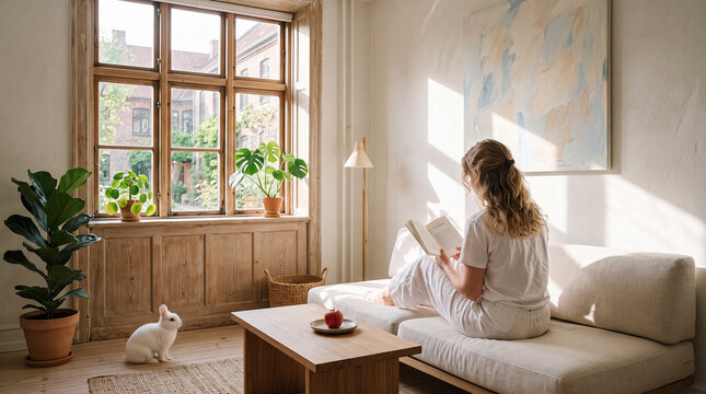 Young lady reading a book in a lovely room with a rabbit