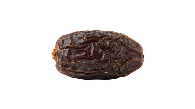 Dried date fruit isolated on white background, single sweet medjool date fruit, organic brown palm date for healthy snack, studio food photography