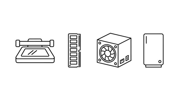 Set of four computer hardware icons including a scanner memory ram stick power supply unit and a desktop pc tower in line art.