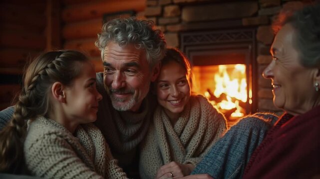 Mehrgenerationen Familie am Kamin in rustikaler H&uuml;tte
