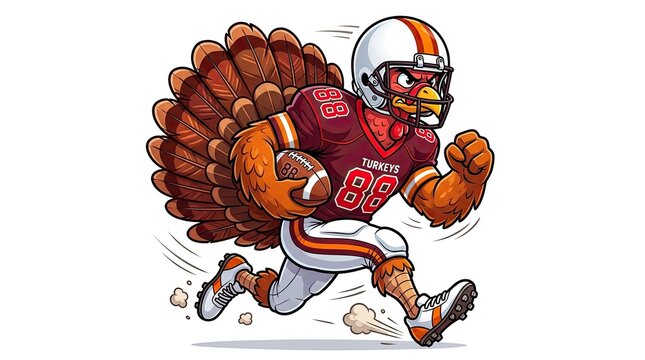 Cartoon illustration of a turkey football player running with the ball on a white background