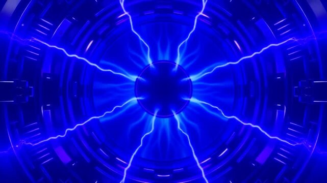 精密に組み上げられた円形リアクターの中心コアから破裂するように伸びる青紫のプラズマスパークのクローズアップ