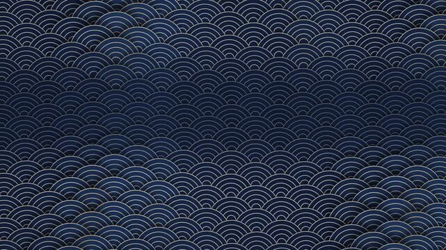 Seigaiha Japanese wave pattern animation in indigo and gold, seamless loop 4K background with copy space for Japan travel, sushi, sake, Japanese New Year and festival titles