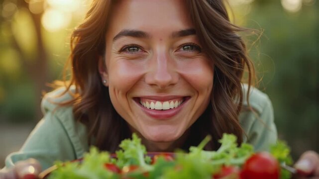 Lachende Frau genie&szlig;t frischen Sommersalat