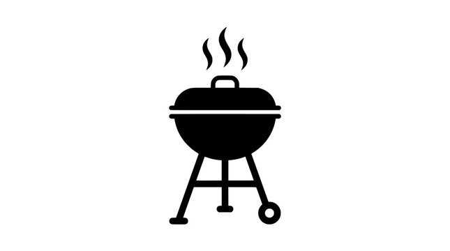 Minimalist charcoal barbecue grill icon, black vector symbol for outdoor cooking, smoke and legs details, flat design for web graphics
