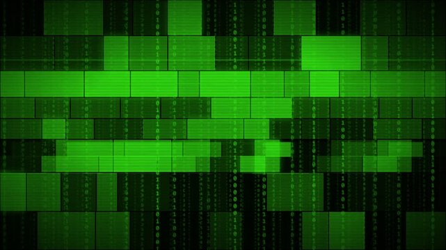 Green Binary Matrix Brick Wall Digital Code Rain Scanline Background.