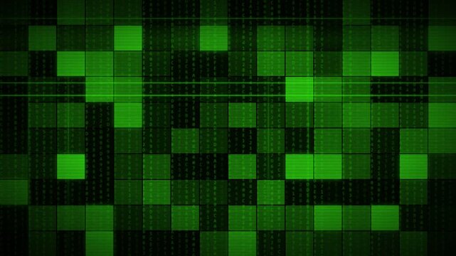 Green Hexadecimal Matrix Mosaic Tiles Digital Data Wall Scanline Background.