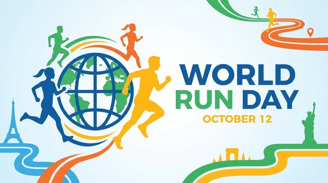 World Run Day with runners globe and landmarks on a flat background