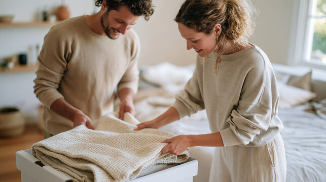 A couple preparing their home for the colder season by arranging blankets, replacing lightweight bedding and organizing warm winter accessories, seasonal home preparation, winter