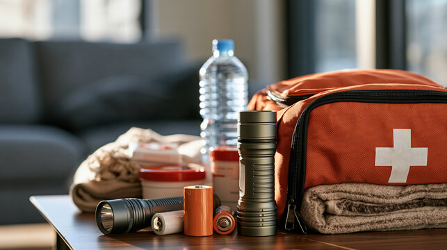 Home emergency preparedness kit, organizing flashlight, batteries, bottled water, first aid supplies, blankets and emergency essentials on a table, winter safety, household