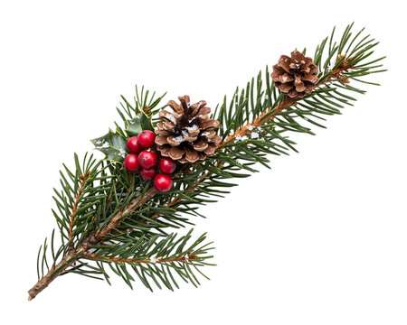 A sprig of green fir tree branch decorated with brown pine cones and a cluster of bright red holly berries against a solid black background, isolated on a, transparent background