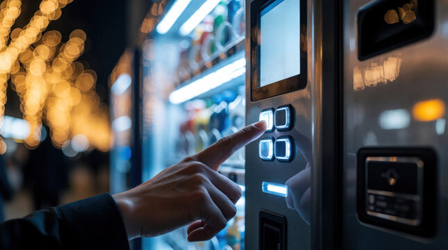 Person finger presses button on vending machine interface. Close up of hand using digital touch panel to buy snack drink. Automated retail machine in city at night with bokeh lights. Modern self