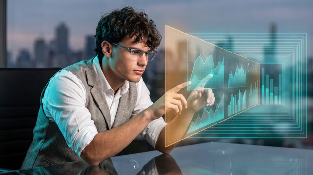 Meticulous portfolio manager tracing holographic market trends at glass conference table