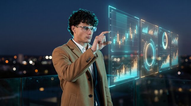Calculating day trader pinching candlestick chart hologram on rooftop terrace