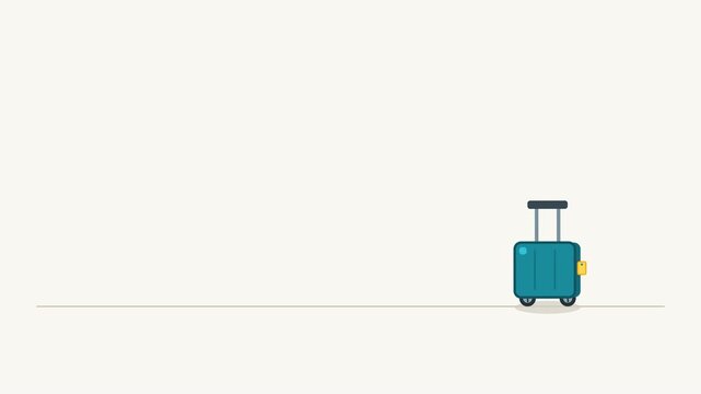 A flat 2D cartoon suitcase rolling smoothly across the screen on rotating wheels.