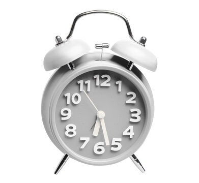 Classic white analog alarm clock with silver metal handle, isolated on transparent cutout background
