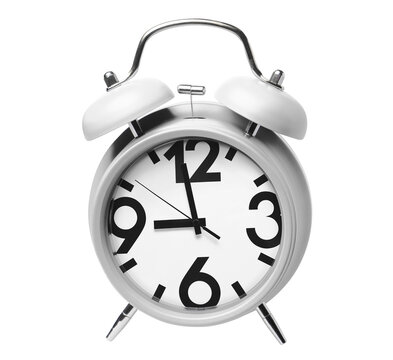 White retro twin bell alarm clock with black numbers, isolated on transparent cutout background