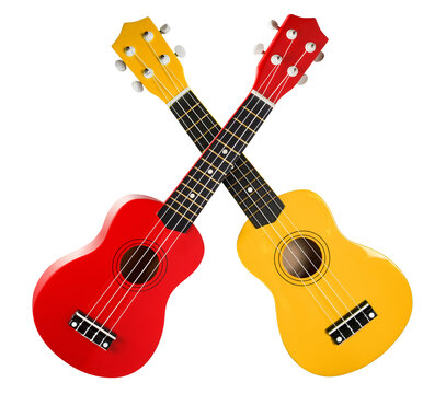 Set of two colorful acoustic ukulele guitars crossed together, isolated on transparent cutout background