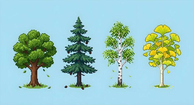 Set of four pixel art trees icon asset collection oak pine birch ginkgo isolated on light blue background