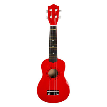 Red soprano ukulele with four strings, front view, isolated on transparent cutout background