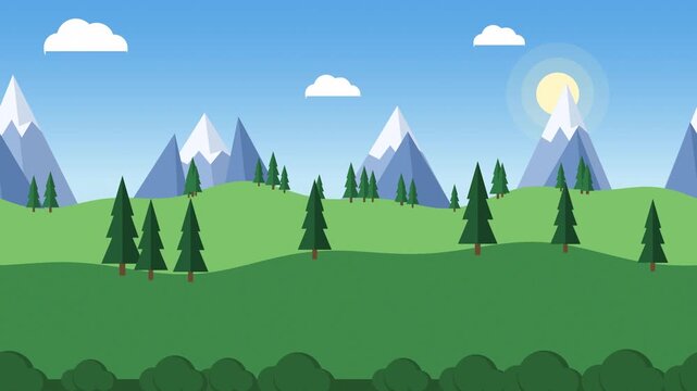 Cartoon Mountain Landscape with Pine Trees Flat Parallax Seamless Loop