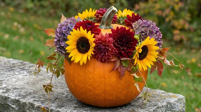Pumpkin floral arrangement with sunflowers and dahlias for autumn and fall holidays