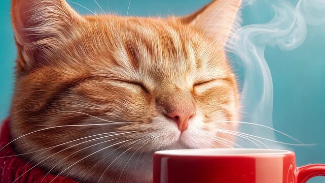 Orange tabby cat wearing sweater enjoying steam from hot beverage. Close-up of domestic feline with closed eyes smelling aroma from red mug.