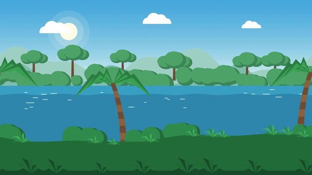 Cartoon Jungle River Landscape with Palm Trees Flat Parallax Loop