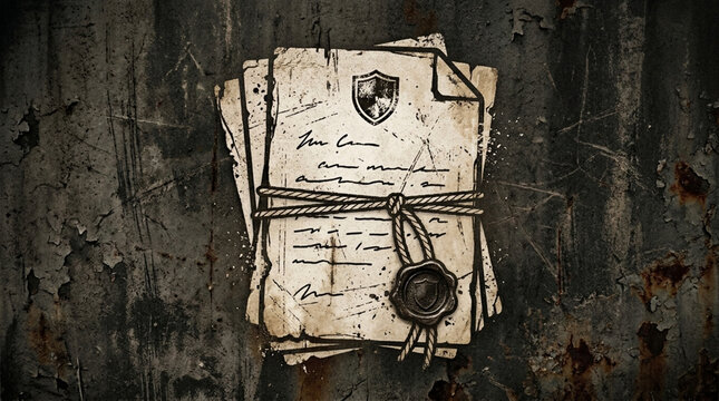 Aged Parchment Documents with Wax Seal and Shield Emblem Old Contract or Will Rustic Grunge Texture Background
