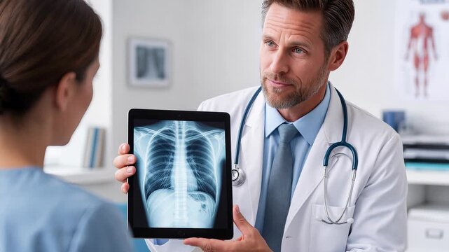 Male physician explaining chest x-ray results to patient on digital tablet. Medical consultation in bright clinic office. Panning camera movement.