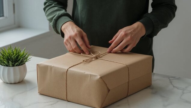 A person wraps a brown box with string, a simple yet thoughtful gift wrapping