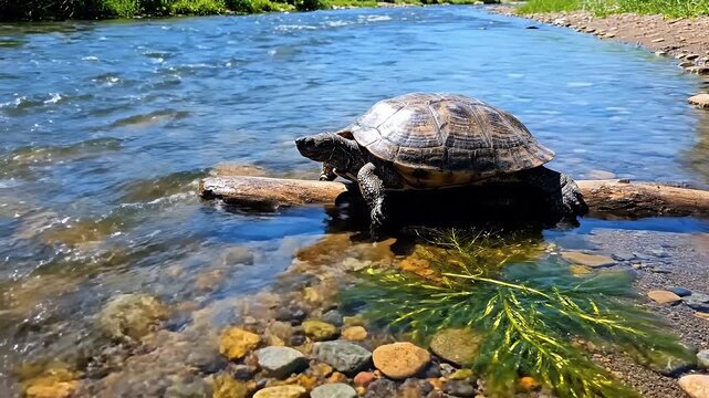 Wild snapping turtle resting on a wooden log in a clear flowing river on a bright sunny day