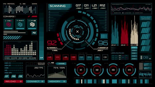 Futuristic hud interface with data charts, scanning circles, and digital information displays for scifi technology, gaming, and hightech ui design elements