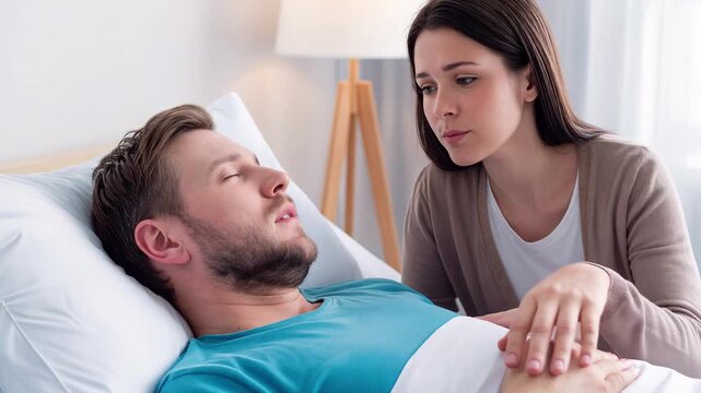 Concerned woman watching over sleeping man in hospital bed. Healthcare support and patient care in medical setting. Panning camera movement.