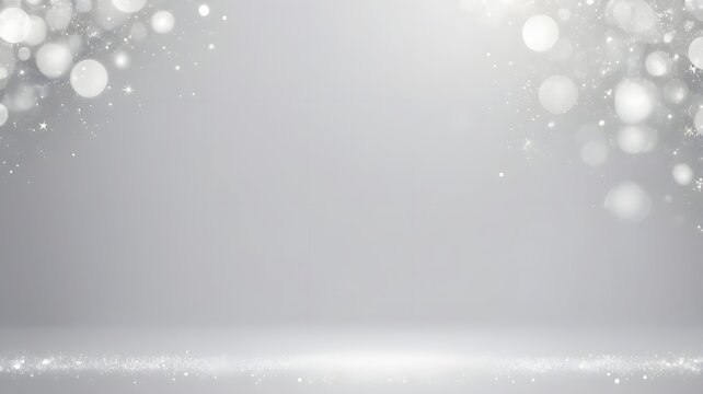 Bright white empty studio stage with sparkling glitter ground and floating bokeh lights in top corners