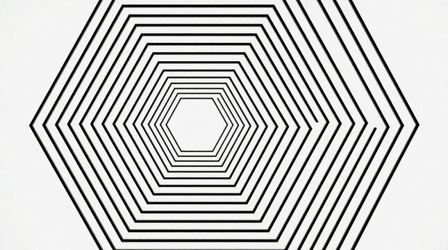 Black geometric hexagon pattern with concentric lines on white background. Abstract repeating shapes create optical illusion, sense of depth. Minimalist symmetry design works as modern wallpaper,