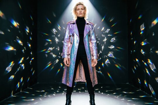 Modelo ataviada con una gabardina iridiscente de efecto hologr&aacute;fico, recubierta de diminutas teselas de espejo, de pie en una habitaci&oacute;n oscura iluminada por un &uacute;nico foco