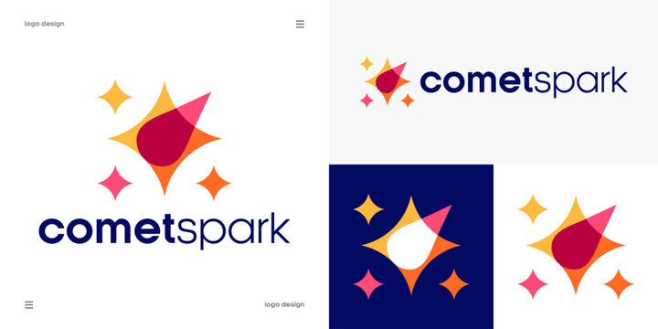 comet spark logo design, creative agency, space exploration, astronomical launch, energy sparkle and startup innovation concept, stylized flying comet with glowing stars, vector
