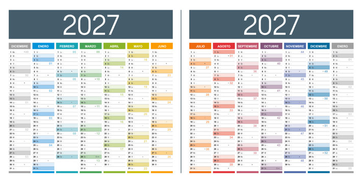 Calendario 2027 en espa&ntilde;ol, formato grande &ndash; Planificador anual horizontal vectorial