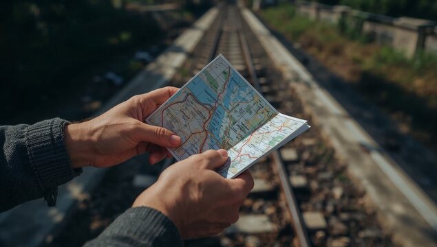 A person holds a map on a train track, possibly lost or searching for direction
