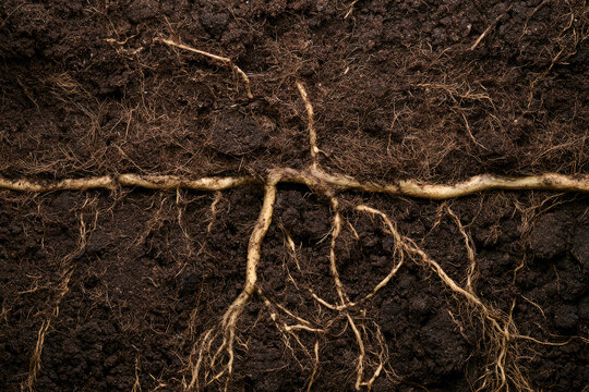 Bamboo rhizome root in dark organic soil with fine fibrous roots, moist loam texture, natural underground growth, and botanical detail