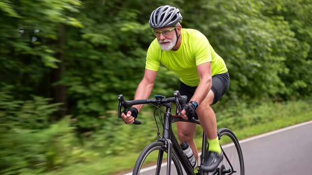 Active senior cyclist riding road bike on forest highway. Professional athlete in neon jersey training for competition. Panning tracking shot.